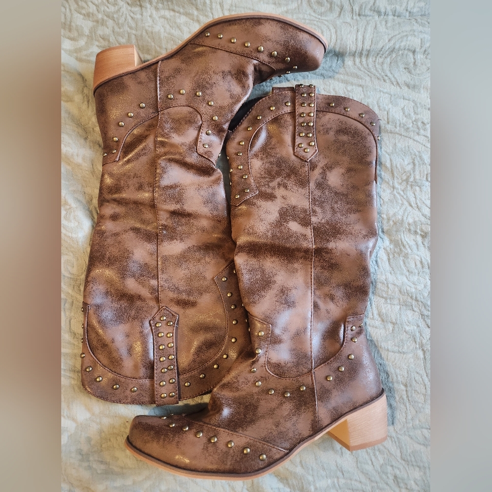 Brown Studded Mid-Calf Boots